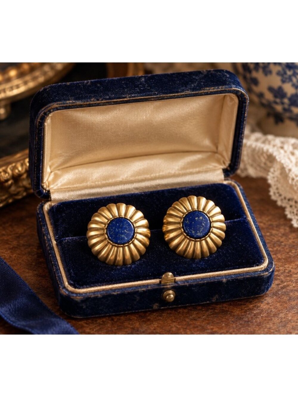 Vintage MMA WAG Earrings Blue Lapis Brass Egyptian Revival Medallion Modernist - Picture 1 of 11